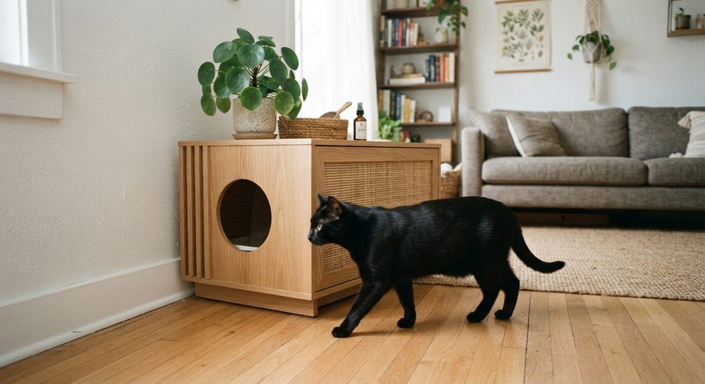black cat in front of cat litter box enclosure