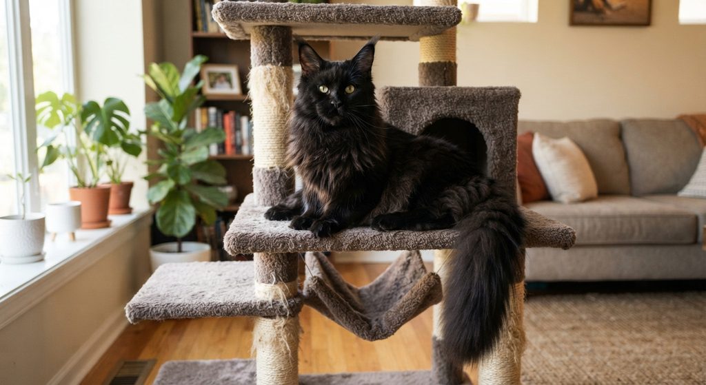 black Maine coon on cat furniture