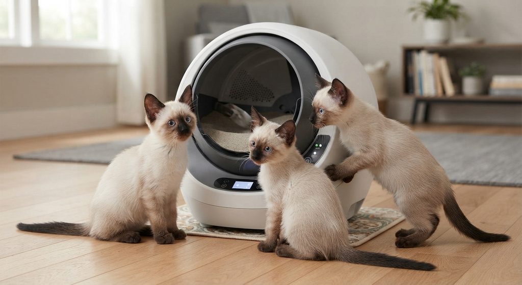 three Siamese cat by an automatic litter box