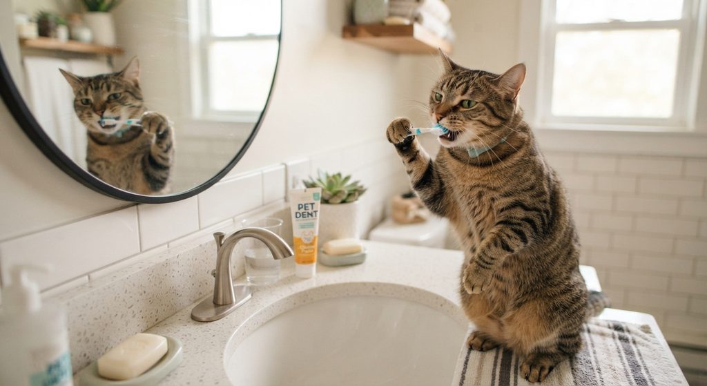 tabby cat brushing his teeth and showing his teeth