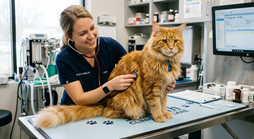 Veterinarian examining a fluffy orange Maine Coon cat with a stethoscope during a wellness checkup, illustrating what best pet insurance for cats can help cover