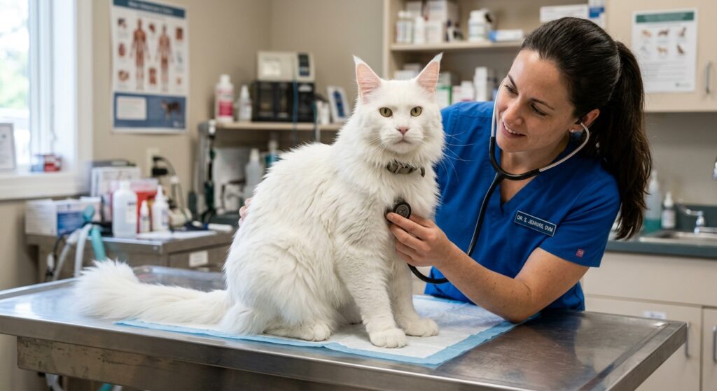 a white Maine Coon at the vet - Is pet insurance worth is for Cats?