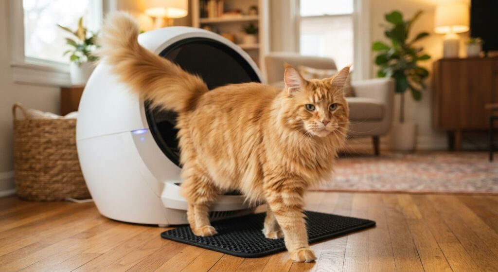Orange Maine Coon at self-cleaning litter box