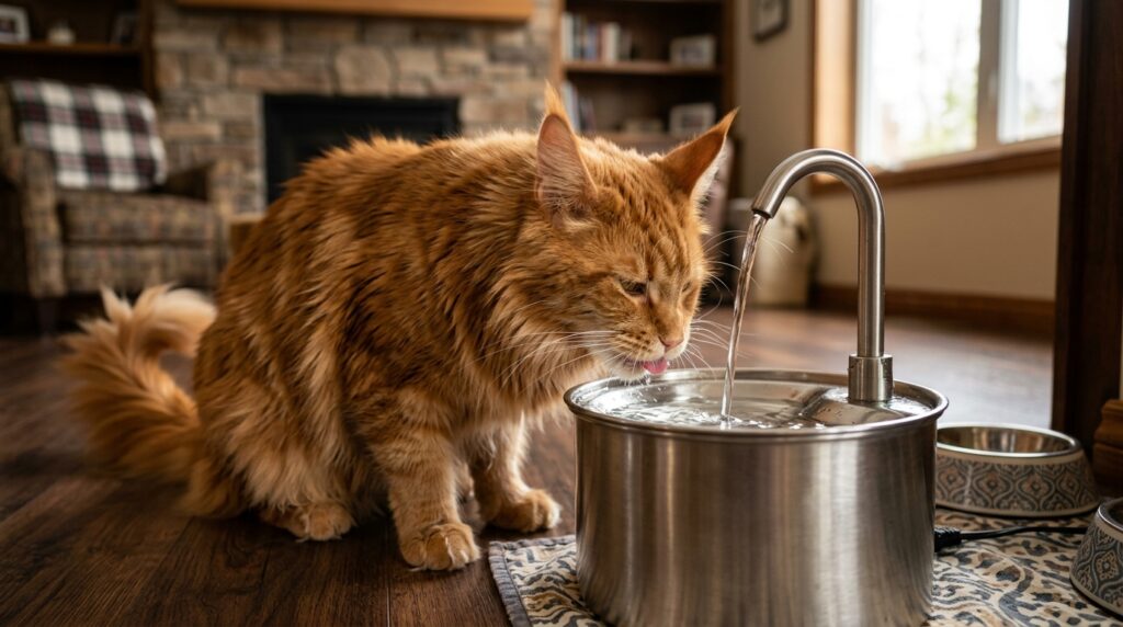 orange Maine coon drinking from cat water fountain