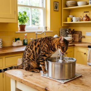 Bengal cat drinking from one of the best cat water fountains in a yellow kitchen