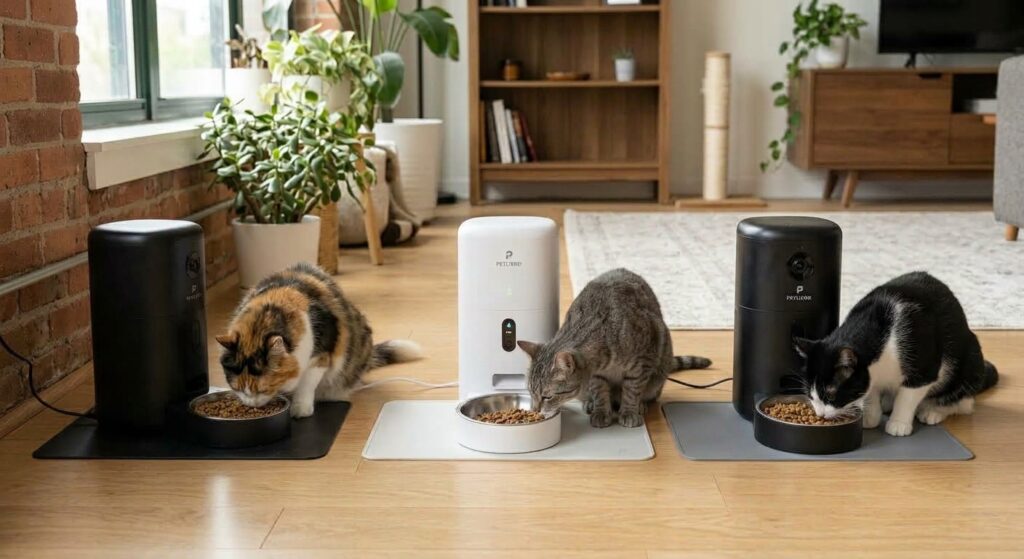 3 cats eating from the best automatic cat feeders for multi-cat homes