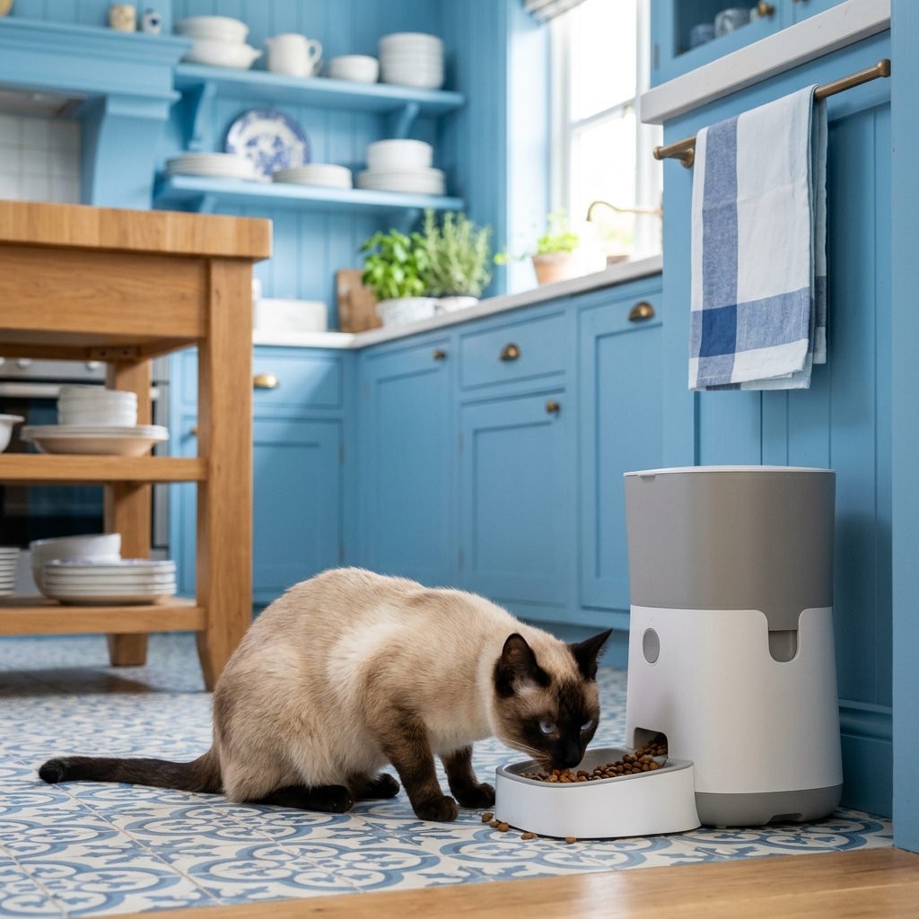 Siamese cat eating from an automatic cat feeder