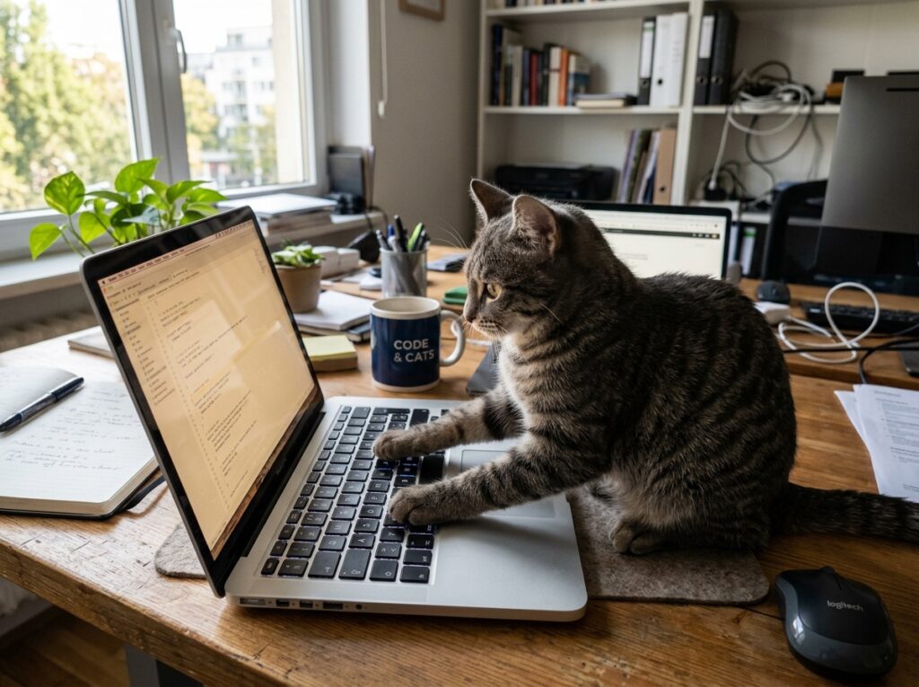 a gray tabby cat typing and looking for smart cat products
