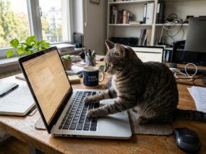 a gray tabby cat typing and looking for smart cat products
